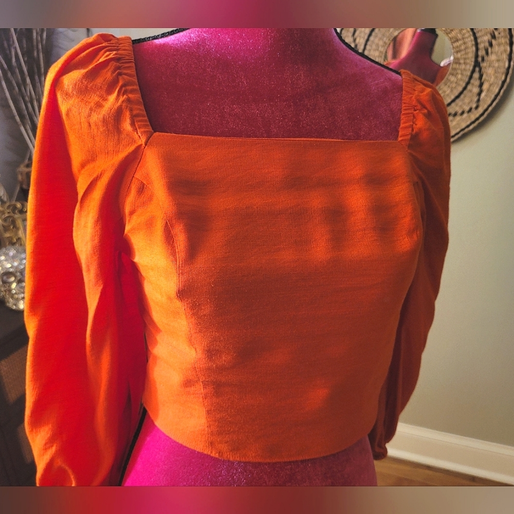 summery sunset orange crop top linen blend open back blouse
